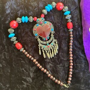 Bohemian Ethnic Statement Sacred Heart Necklace Artisan Handmade Aztec Beaded